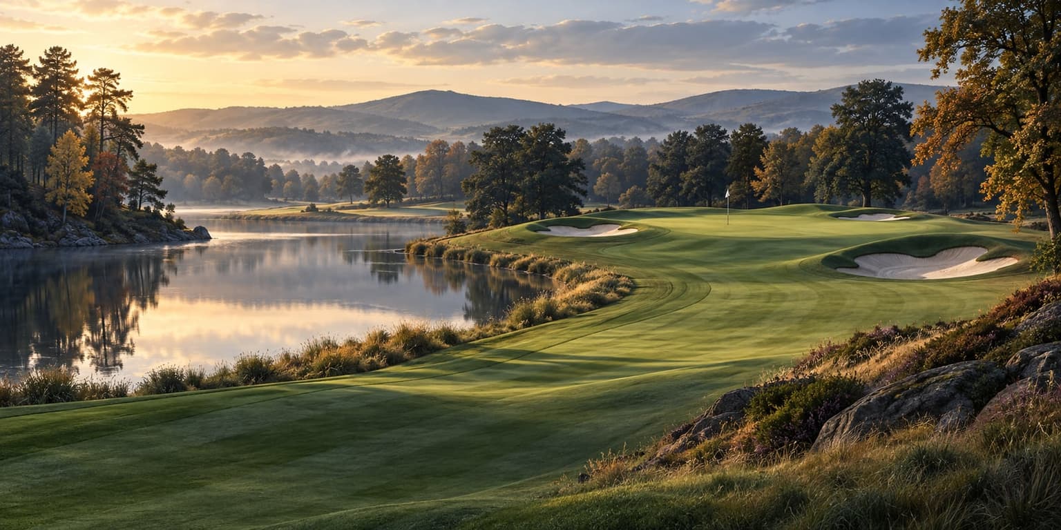 Illustrated golf green beside a lake